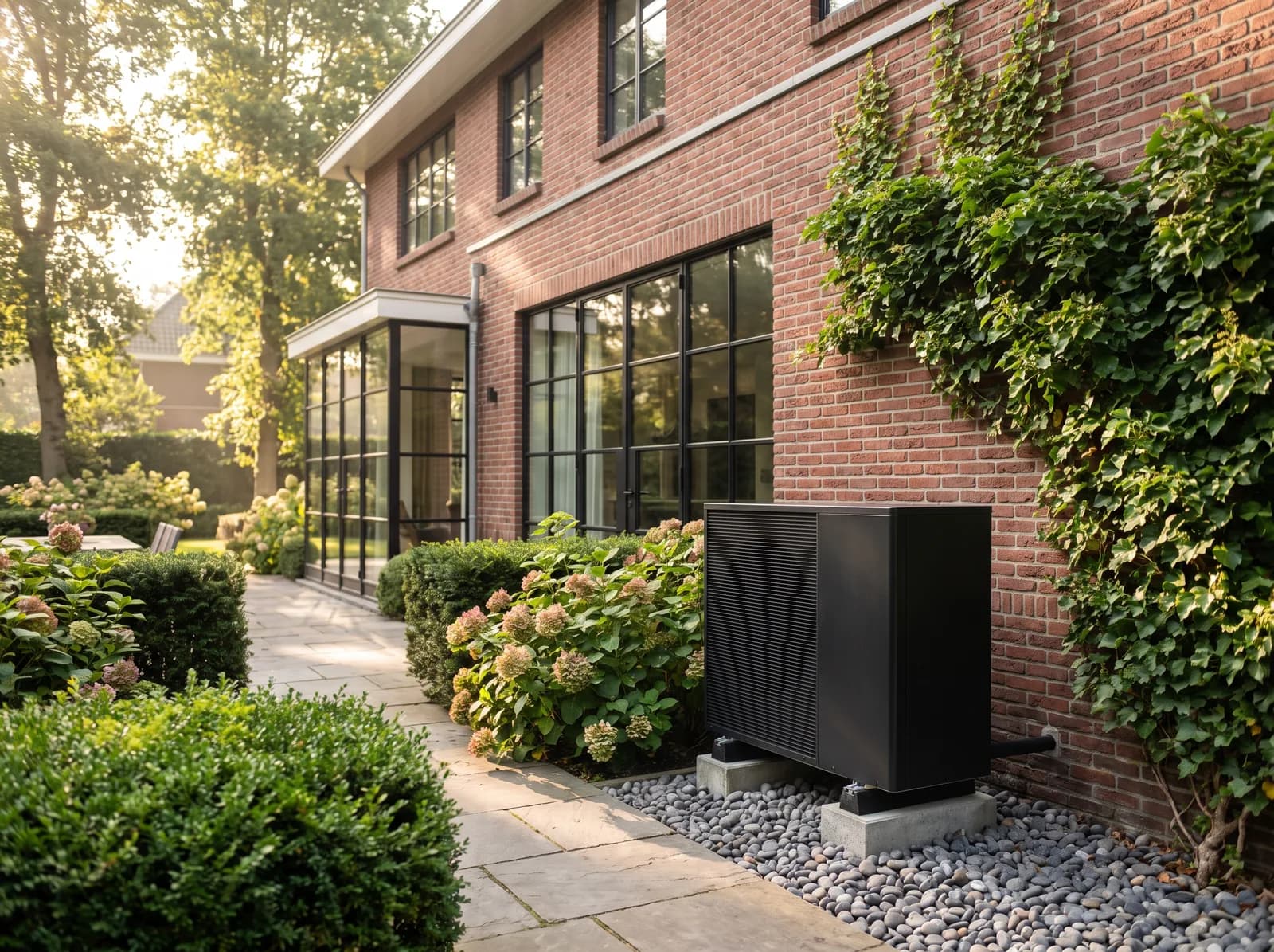 Zwarte warmtepomp buitenunit naast een Nederlandse bakstenen woning met groene tuin
