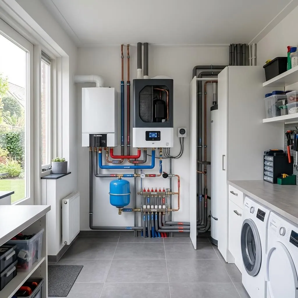 Hybride opstelling: warmtepomp binnenunit naast een cv-ketel
