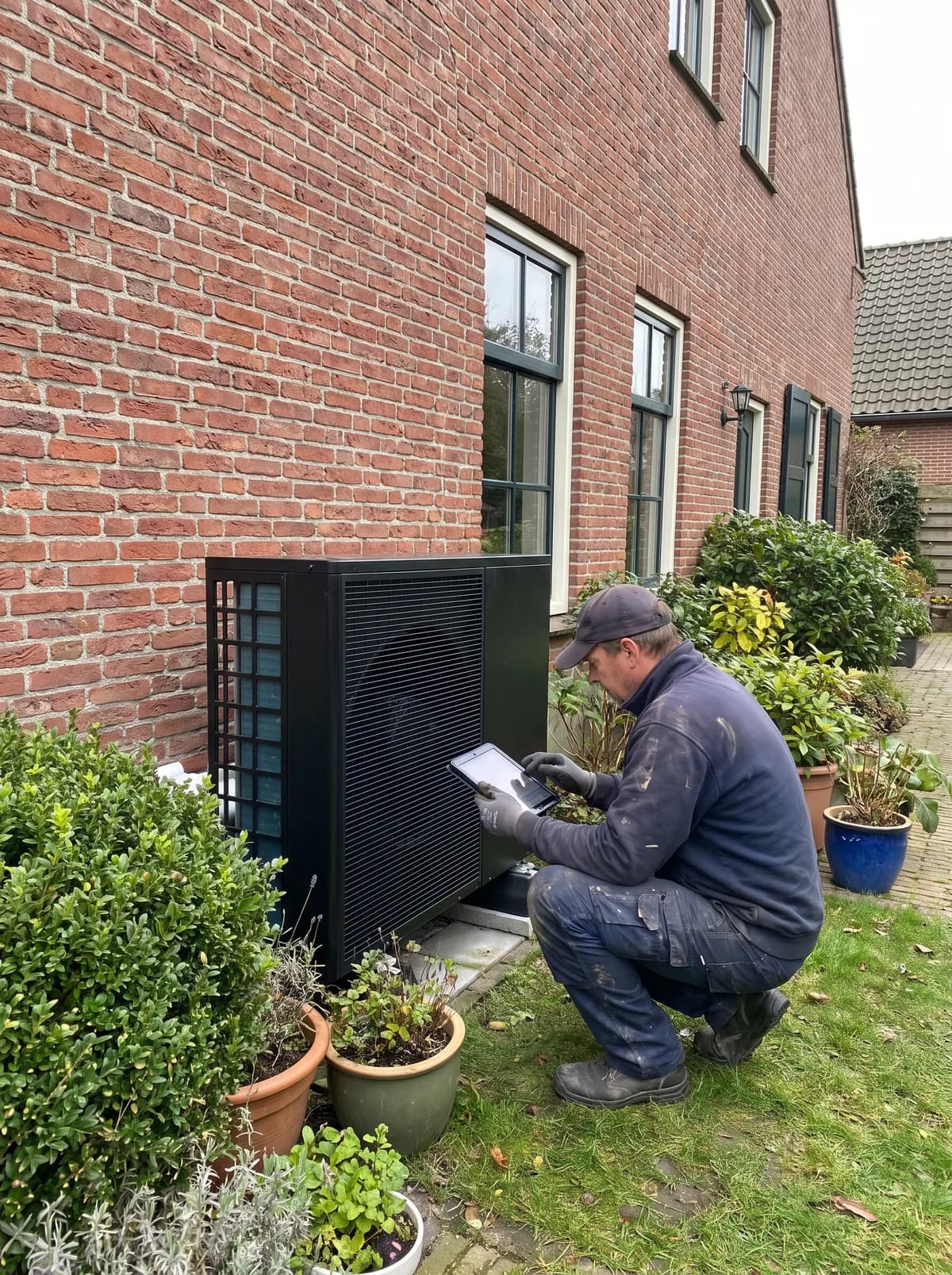 Installateur controleert de instellingen van een warmtepomp buitenunit met een tablet