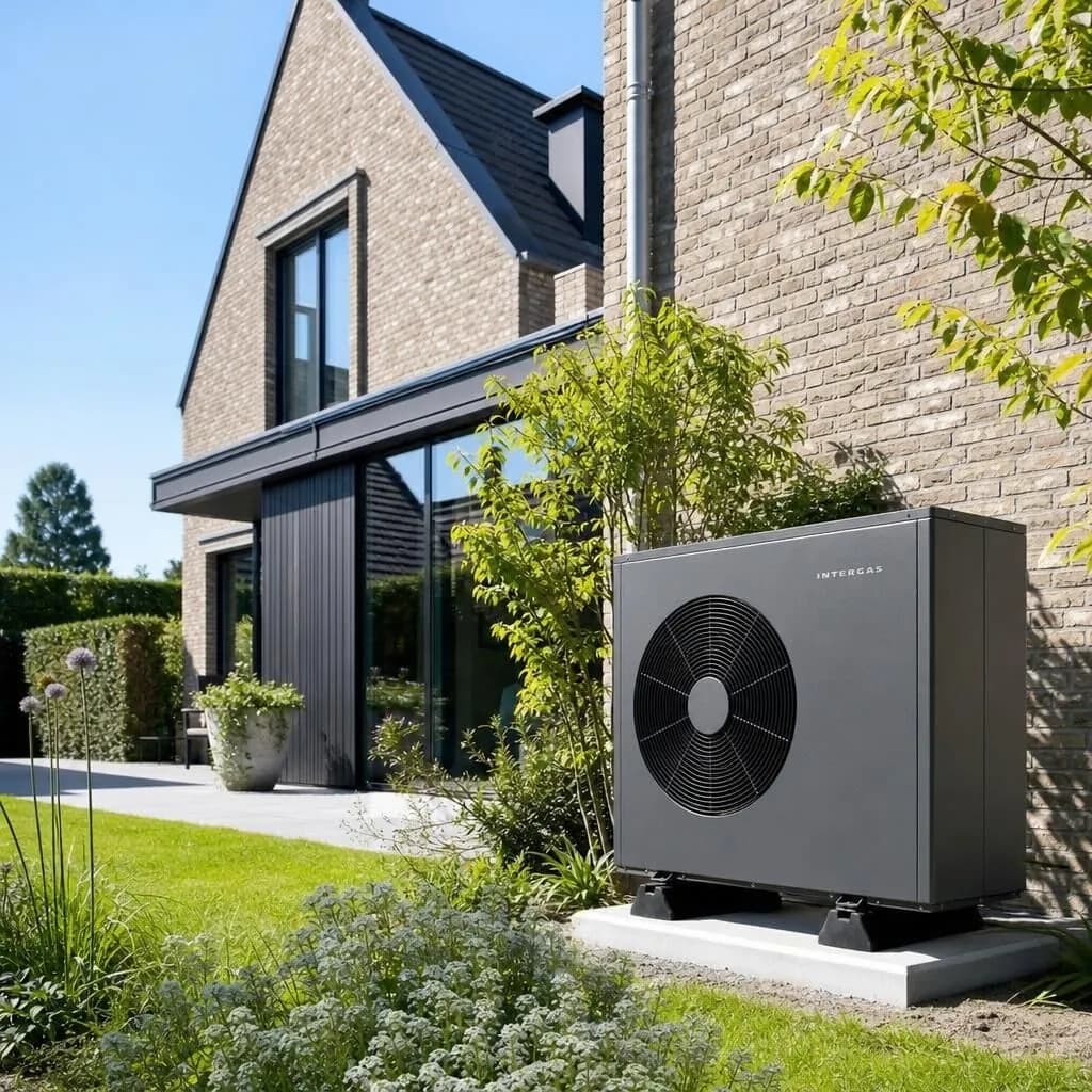 Volledig elektrische warmtepomp buitenunit bij een moderne woning