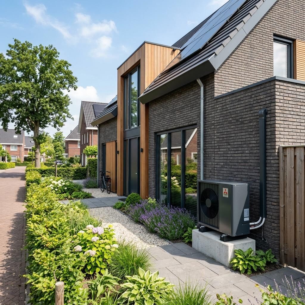 Moderne Nederlandse woning met een netjes geïnstalleerde warmtepomp